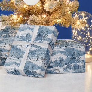 Winterlandschap met een besneeuwd landschap en een cadeaupapier