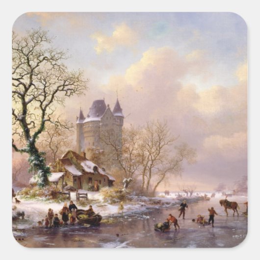 Winterlandschap met een kasteel vierkante sticker (Voorkant)