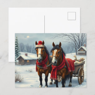 Winterlandschap met paarden en hut feestdagenkaart