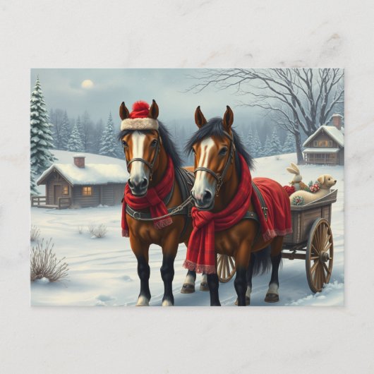 Winterlandschap met paarden en hut feestdagenkaart (Voorkant)
