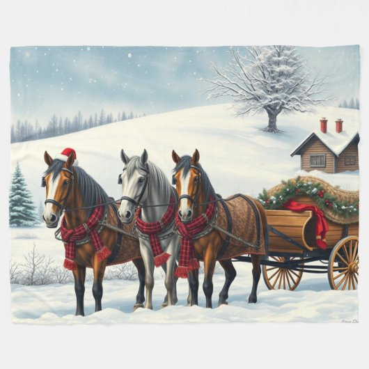 Winterlandschap met paarden en hut fleece deken (Voorkant (Horizontaal))