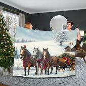 Winterlandschap met paarden en hut fleece deken