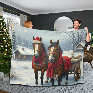 Winterlandschap met paarden en hut fleece deken