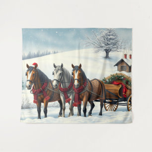 Winterlandschap met paarden en hut wandkleed
