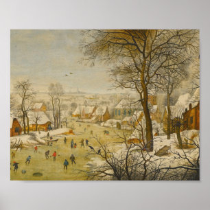 Winterlandschap met schaatsers en vogelval poster
