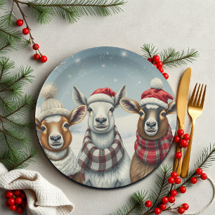 Winterlandschap met schapen en hutten papieren bordje