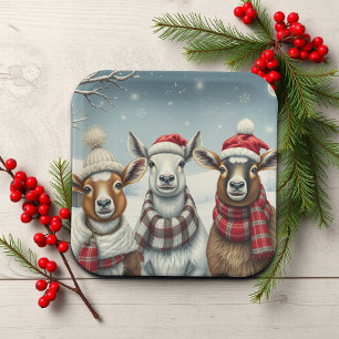 Winterlandschap met schapen en hutten papieren bordje