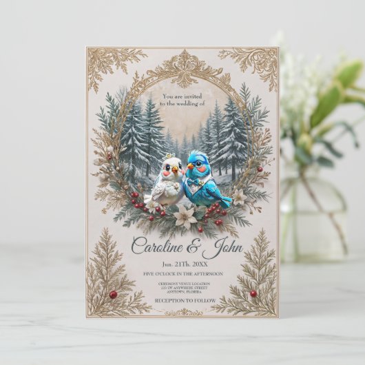 Winterlandschap met schattig vogelbruidspaar. kaart (Staand voorkant)