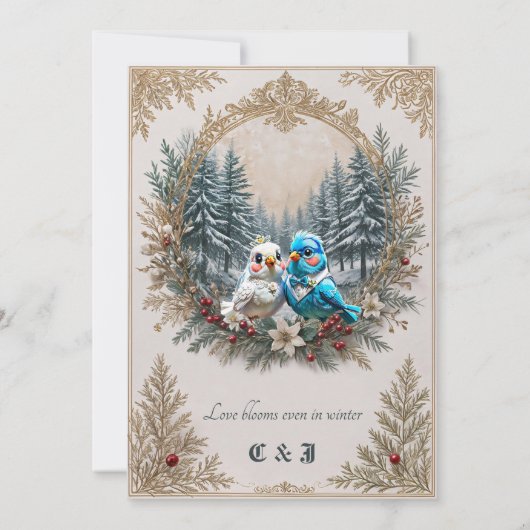 Winterlandschap met schattig vogelbruidspaar. kaart (Achterkant)