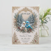 Winterlandschap met schattig vogelbruidspaar. save the date (Staand voorkant)