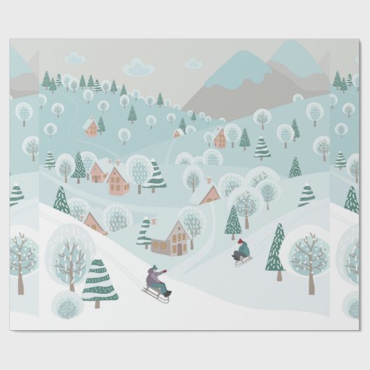 Winterlandschap met sneeuw, bomen en kinderen cadeaupapier (Vlak)