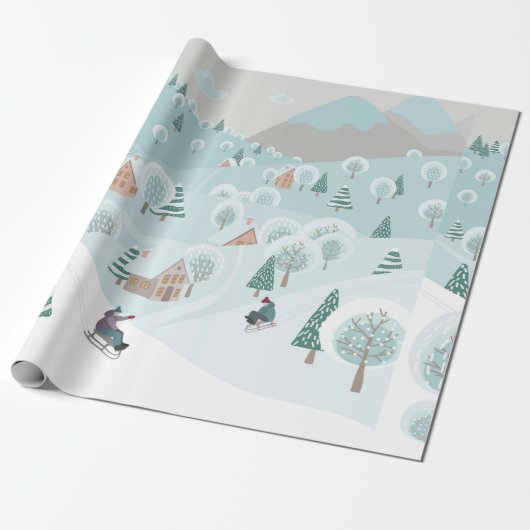 Winterlandschap met sneeuw, bomen en kinderen cadeaupapier (Uitgerold)