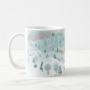 Winterlandschap met sneeuw, bomen en kinderen koffiemok
