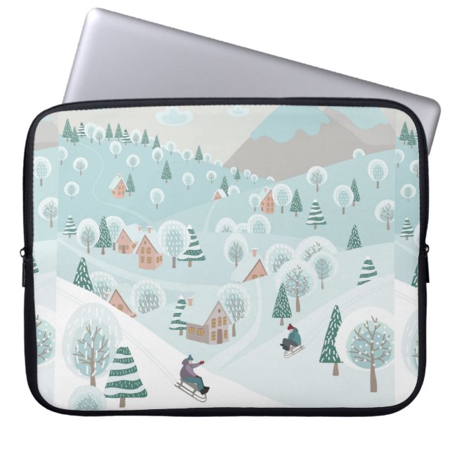 Winterlandschap met sneeuw, bomen en kinderen laptop sleeve (Voorkant)