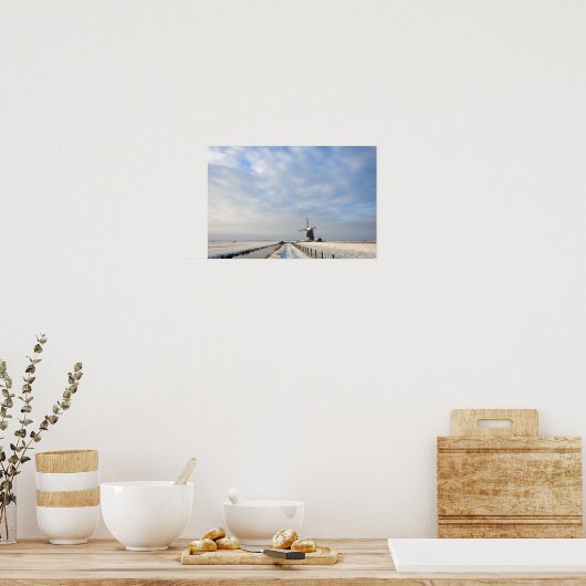 Winterlandschap met sneeuw en windmolen in Nederla Poster (Keuken)