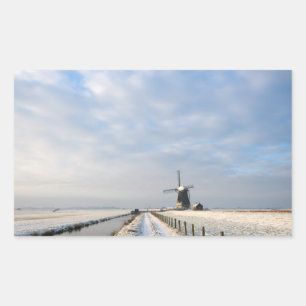 Winterlandschap met sneeuw en windmolen in Nederla Rechthoekige Sticker