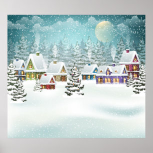 winterlandschap met sneeuwdekhuizen poster