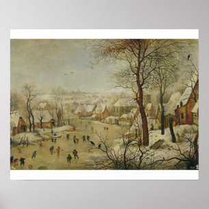 Winterlandschap met vogelvanger (olie op het panee poster