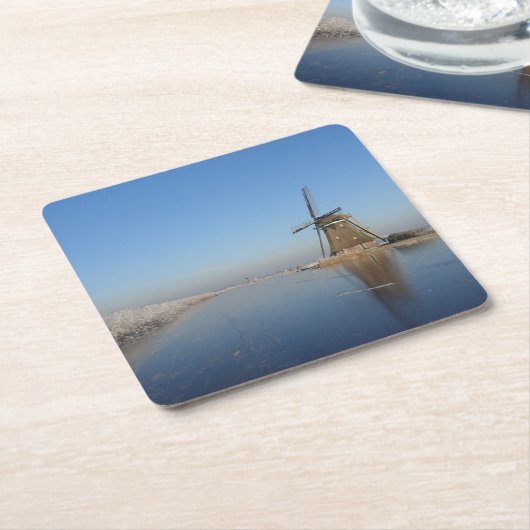 Winterlandschap met windmolen en ijs vierkante kartonnen onderzetter (Schuin)