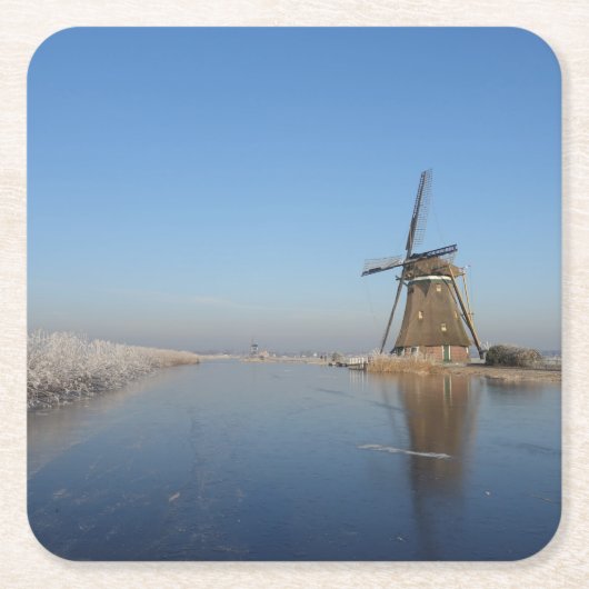 Winterlandschap met windmolen en ijs vierkante kartonnen onderzetter (Voorkant)