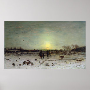 Winterlandschap op zonsondergang poster