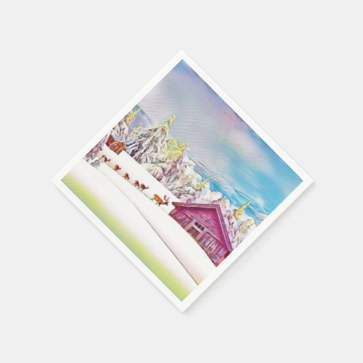 Winterlandschap Rendieren en blokhut Waterverf Servet (Hoek)