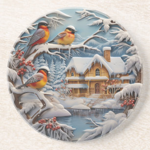 Winterlandschap, sneeuw, kleurrijke vogels zandsteen onderzetter