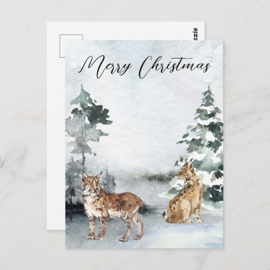 Winterlandschap Waterverf Bobcat Lynx Kerstmis Briefkaart (Voorkant / Achterkant)