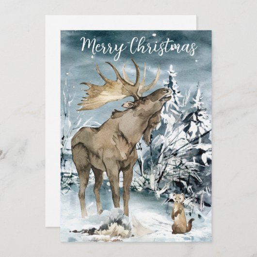 Winterlandschap Waterverf Moose kerstpostca Feestdagenkaart (Voorkant / Achterkant)