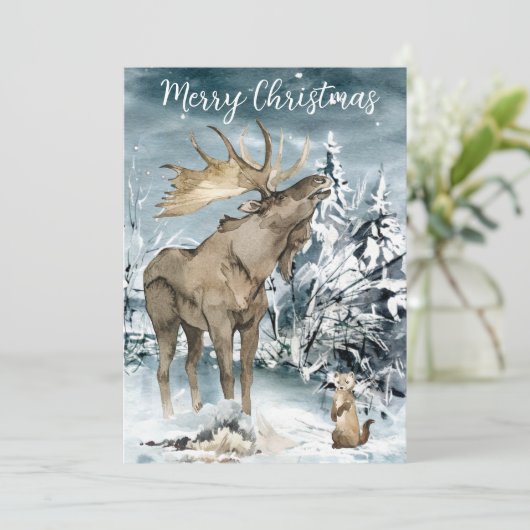 Winterlandschap Waterverf Moose kerstpostca Feestdagenkaart (Staand voorkant)