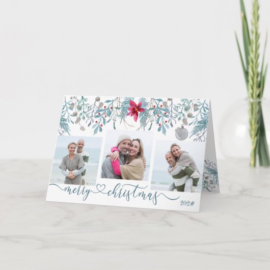 Winterloof 3 Foto Elegante Script Wenskaart Feestdagen Kaart (Voorkant)