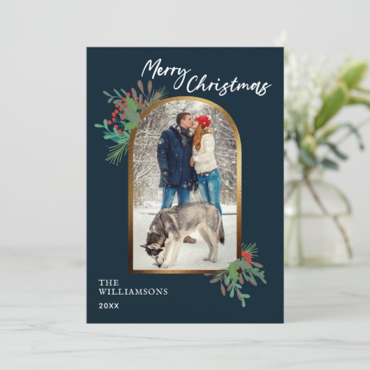 Winterloof Custom Foto Prettig Kerstfeest Feestdagenkaart (Staand voorkant)