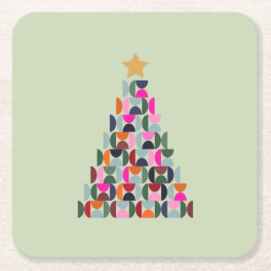 Wintermarkt 06 kerstboom kleurrijk groen vierkante kartonnen onderzetter