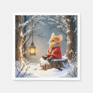 Wintermuis en boslantaarn in sneeuwvlokken servet