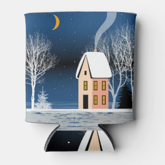 Winternacht landschap, gezellig huis, maan. blikjeskoeler