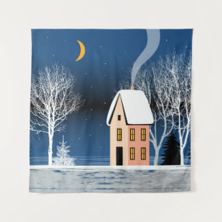 Winternacht landschap, gezellig huis, maan. wandkleed
