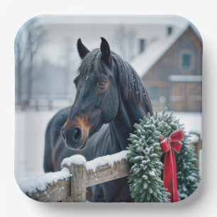 Winterpaard met kerstkrans papieren bordje