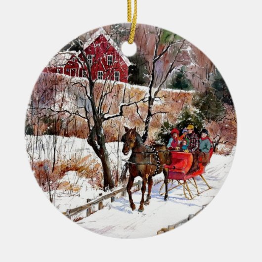  winterpaarden en -slee keramisch ornament (Voorkant)