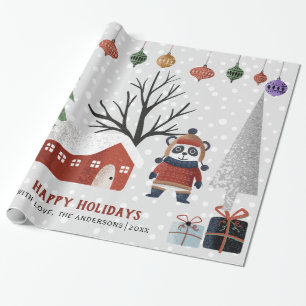 Winterpanda en bomen Prettige feestdagen Kerstmis Cadeaupapier