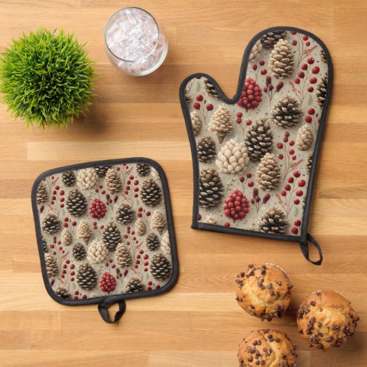 Winterpinecones en rode bessen ovenwant & pannenlap set (Top down)