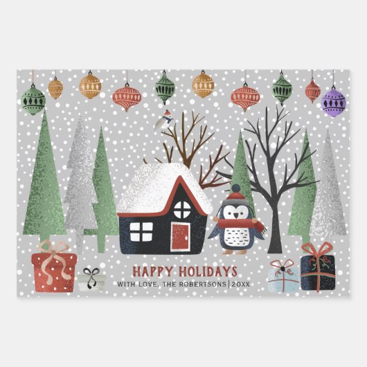 Winterpinguïn hert en panda sneeuwvlokken kerst inpakpapier vel (Voorkant)