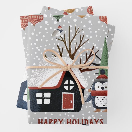 Winterpinguïn hert en panda sneeuwvlokken kerst inpakpapier vel (In situ)