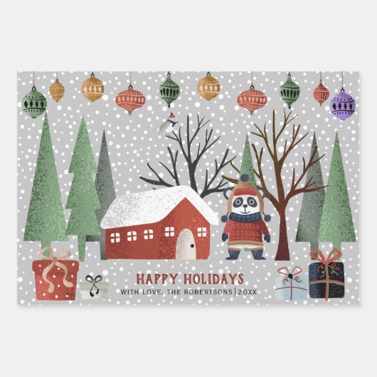 Winterpinguïn hert en panda sneeuwvlokken kerst inpakpapier vel (Voorkant 3)