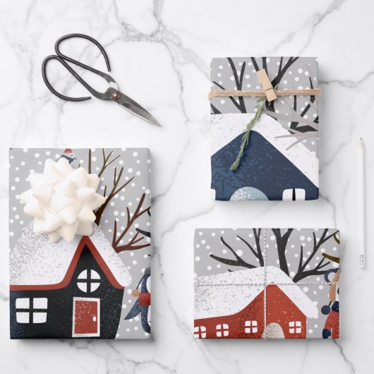 Winterpinguïn hert en panda sneeuwvlokken kerst inpakpapier vel (Voorkant)