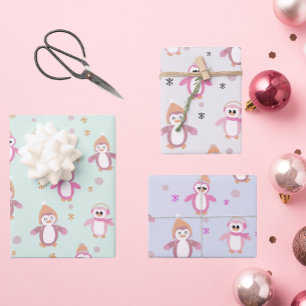 Winterpinguïn mint roze paarse vakantie inpakpapier vel