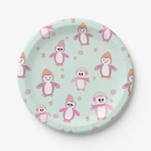 Winterpinguïn munt en roze vakantie papieren bordje