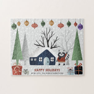 Winterracoon en bomen Prettige feestdagen Kerstmis Legpuzzel