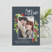 Winterrood groene botanische waterverf foto blauw save the date (Staand voorkant)