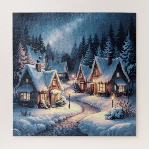 Winter's Embrace: een besneeuwd dorp bij nacht Legpuzzel