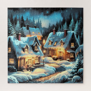 Winter's Embrace: een besneeuwd dorp bij nacht Legpuzzel